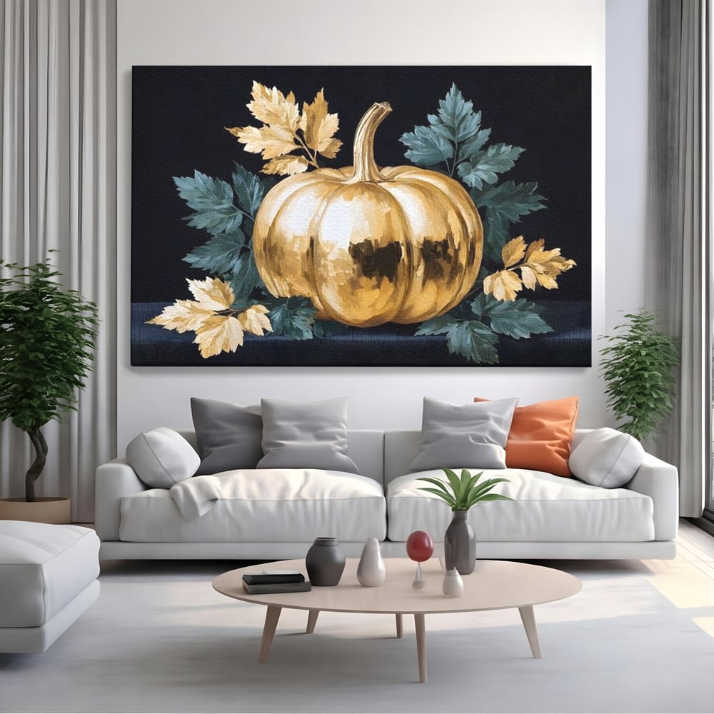 Tablou canvas cu tablou cu dovleac auriu si frunze, fara rama, pe sasiu de lemn, pe perete intr-un living